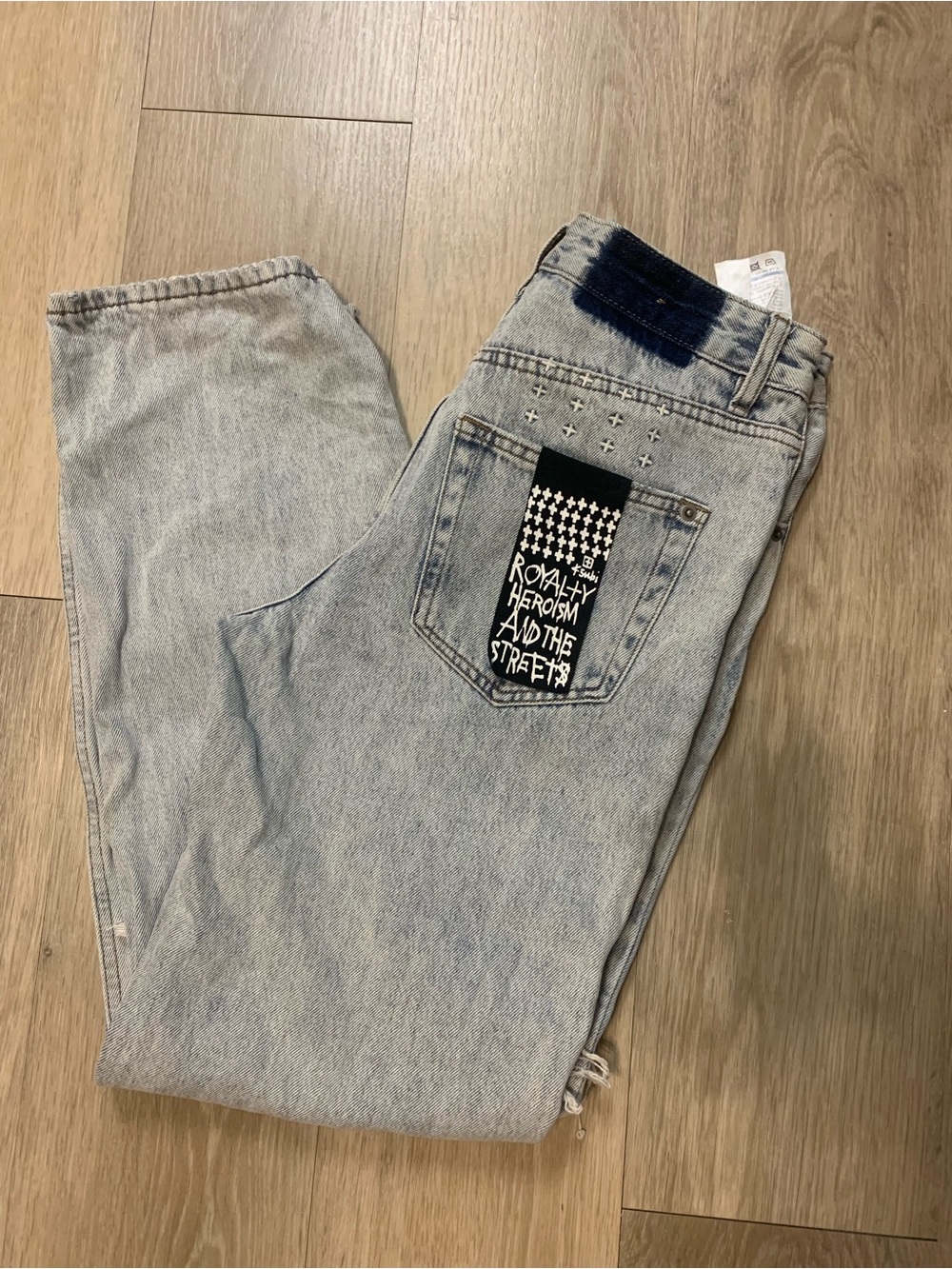Ksubi Light Blue Relaxed Jeans with Black Back Pocket Patch